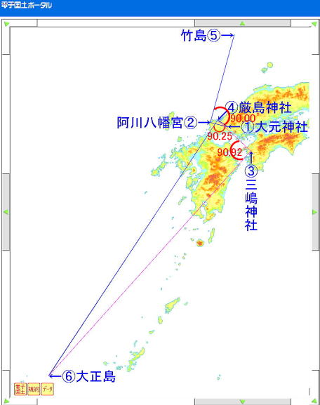 ①大元神社からは⑤竹島と⑥大正島に直角線がつながる